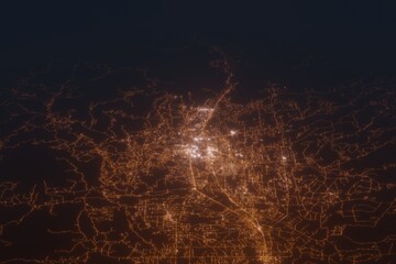 Aerial shot of Redding (California, USA) at night, view from south. Imitation of satellite view on modern city with street lights and glow effect. 3d render