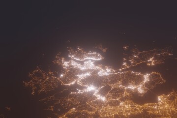 Aerial shot of Hong Kong (China) at night, view from north. Imitation of satellite view on modern city with street lights and glow effect. 3d render