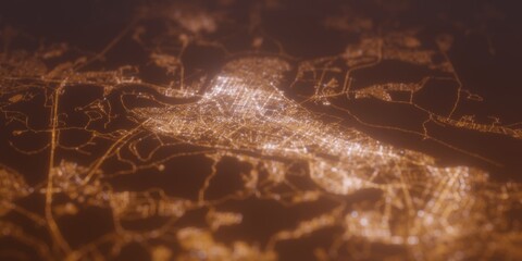Street lights map of Ufa (Russia) with tilt-shift effect, view from east. Imitation of macro shot with blurred background. 3d render, selective focus