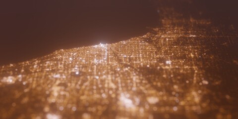 Street lights map of Chicago (Illinois, USA) with tilt-shift effect, view from west. Imitation of macro shot with blurred background. 3d render, selective focus