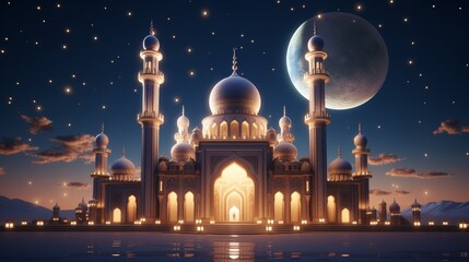 a mosque structure incorporating elements symbolizing the spirit of Ramadan, such as crescent moons and lantern motifs.