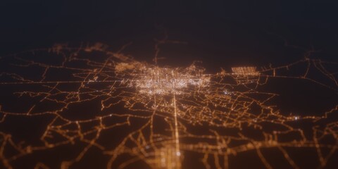 Street lights map of Herat (Afghanistan) with tilt-shift effect, view from south. Imitation of macro shot with blurred background. 3d render, selective focus