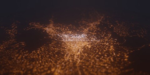 Street lights map of Malang (Indonesia) with tilt-shift effect, view from south. Imitation of macro shot with blurred background. 3d render, selective focus