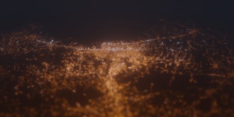 Street lights map of Semarang (Indonesia) with tilt-shift effect, view from south. Imitation of macro shot with blurred background. 3d render, selective focus