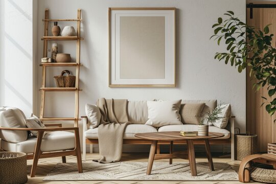 Cozy Living Room Interior with Modular Furniture and Mock-Up Poster Frame