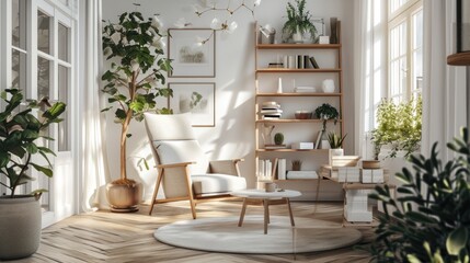 Modern_ Scandinavian Living Room Interior Design with Wooden Shelf and Cozy Armchair
