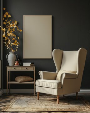 Modern Living Room Interior with Beige Wing Chair and Blank Poster Mockup against Dark Grey Wall