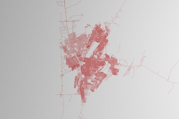 Map of the streets of Nouakchott (Mauritania) made with red lines on white paper. 3d render, illustration
