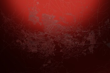Street map of Kabul (Afghanistan) engraved on red metal background. Light is coming from top. 3d render, illustration