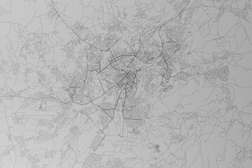 Map of the streets of Yerevan (Armenia) made with black lines on grey paper. Top view. 3d render, illustration