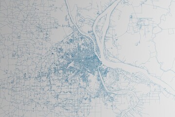 Map of the streets of Phnom Penh (Cambodia) made with blue lines on white paper. 3d render, illustration