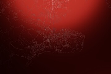 Street map of Dalian (China) engraved on red metal background. Light is coming from top. 3d render, illustration