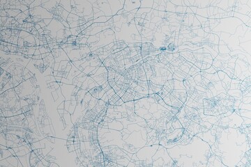 Map of the streets of Dongguan (China) made with blue lines on white paper. 3d render, illustration