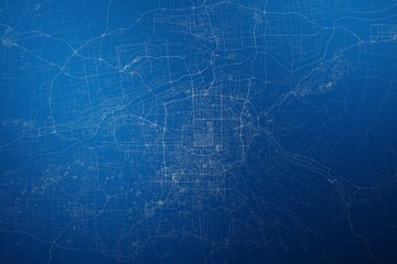 Stylized map of the streets of Xian (China) made with white lines on abstract blue background lit by two lights. Top view. 3d render, illustration - obrazy, fototapety, plakaty