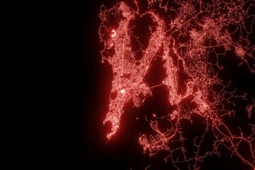 Street map of Mumbai (India) made with red illumination and glow effect. Top view on roads network. 3d render, illustration - obrazy, fototapety, plakaty