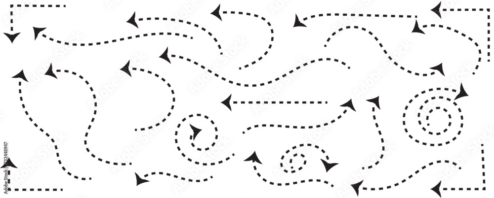 Wall mural set of black dotted arrows in doodle style. broken arrows in the form of a loop. flow direction. poi