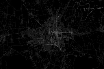 Stylized map of the streets of Bishkek (Kyrgyzstan) made with white lines on black background. Top view. 3d render, illustration