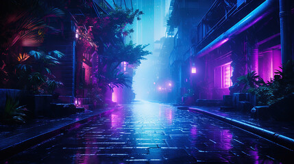 A mesmerizing cyberpunk scene in an urban alley at night. Neon lights reflect on the wet pavement, creating a futuristic atmosphere.