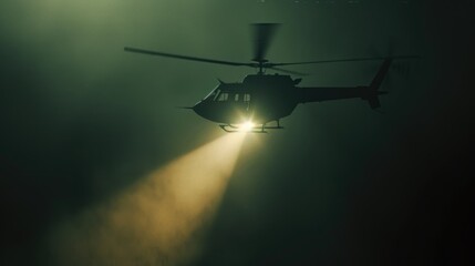 Search helicopter fly foggy sky at night time. Propeller plane flight. Chopper cruising high altitude try to find missing people. Copter propelling forward with flash light. Minimalistic photo.