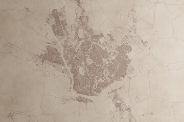 Map of Yangon (Myanmar) on an old vintage sheet of paper. Retro style grunge paper with light coming from right. 3d render
