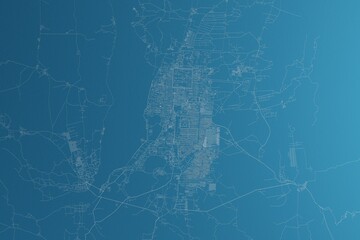 Map of the streets of Mandalai (Myanmar) made with white lines on blue paper. Rough background. 3d render, illustration