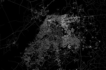 Stylized map of the streets of Lahore (Pakistan) made with white lines on black background. Top view. 3d render, illustration