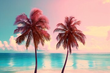 Two pink palm trees dot gently sway over the pink sunset on the beach.