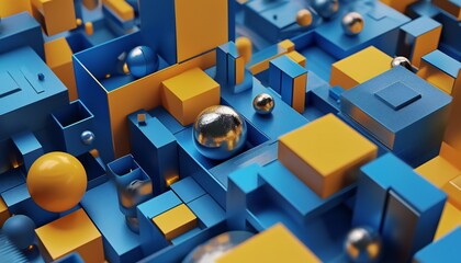 Abstract illustration of yellow and blue 3D shapes.
