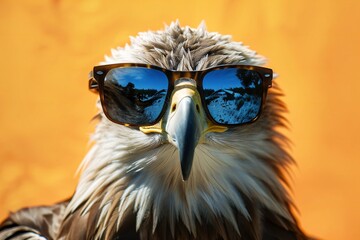 cool eagle, majestically wearing sunglasses on yellow background