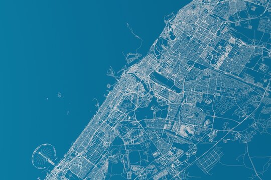Map of the streets of Dubai (UAE) made with white lines on blue background. 3d render, illustration