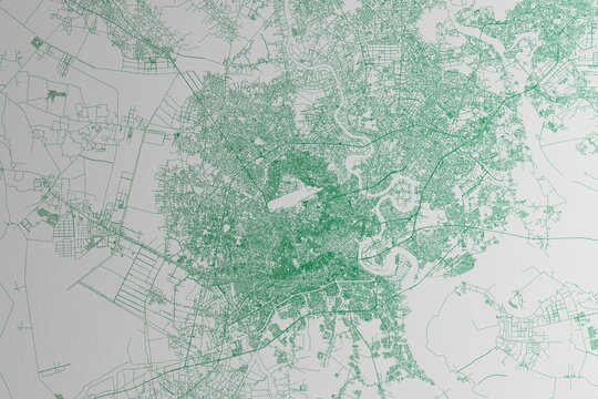 Map of the streets of Ho Chi Minh (Vietnam) made with green lines on white paper. 3d render, illustration