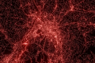Street map of Salzburg (Austria) made with red illumination and glow effect. Top view on roads network. 3d render, illustration