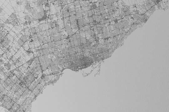 Map of the streets of Toronto (Canada) made with black lines on grey paper. Top view. 3d render, illustration