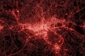 Street map of Zagreb (Croatia) made with red illumination and glow effect. Top view on roads network. 3d render, illustration - obrazy, fototapety, plakaty