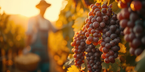 Sunlit clusters of ripe grapes in a vineyard with a blurred vigneron in the background.
