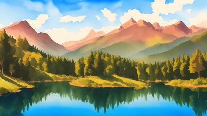 Mountains forests and a lake watercolor landscape background. Illustration, AI Generated