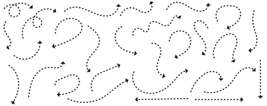 Set of black dotted arrows in doodle style. Broken arrows in the form of a loop. Flow direction. Pointers to the wire, up, down. Curved line. Zigzag arrow stripes design with dotted lines.