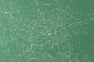 Stylized map of the streets of Nuremberg (Germany) made with white lines on green background. Top view. 3d render, illustration - obrazy, fototapety, plakaty