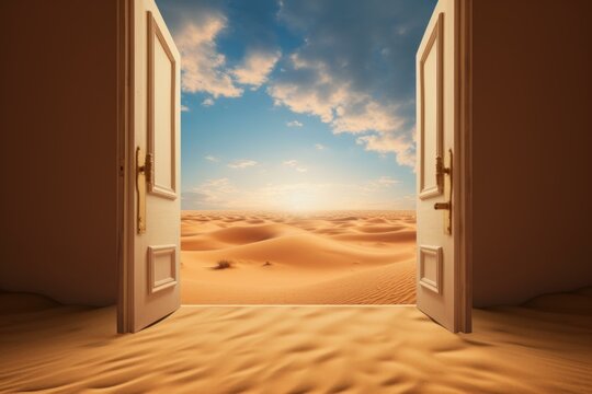 Open door at hot desert. Sunny future. Generate Ai