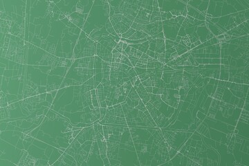 Stylized map of the streets of Padua (Italy) made with white lines on green background. Top view. 3d render, illustration