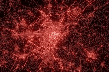 Street map of Turin (Italy) made with red illumination and glow effect. Top view on roads network. 3d render, illustration - obrazy, fototapety, plakaty