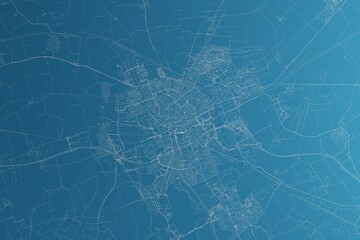 Map of the streets of Groningen (Netherlands) made with white lines on blue paper. Rough background. 3d render, illustration