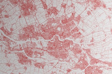 Map of the streets of Rotterdam (Netherlands) made with red lines on white paper. 3d render, illustration