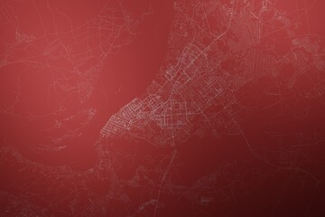 Map of the streets of Samara (Russia) made with white lines on abstract red background lit by two lights. Top view. 3d render, illustration
