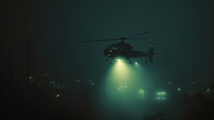 Fototapeta premium Search helicopter fly foggy sky at night time. Propeller plane flight. Chopper cruising high altitude try to find missing people. Copter propelling forward with flash light. Minimalistic photo.