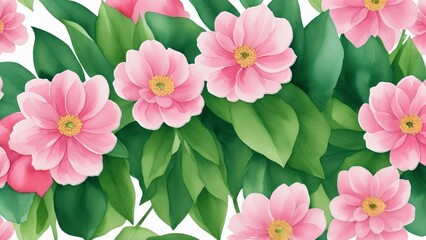 Bouquet border - green leaves and blush pink flowers on white background. Watercolor hand painted seamless border. Illustration, AI Generated