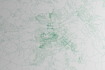 Map of the streets of Smolensk (Russia) made with green lines on white paper. 3d render, illustration
