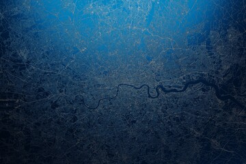 Street map of London (UK) engraved on blue metal background. View with light coming from top. 3d render, illustration