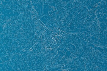 Map of the streets of Sheffield (UK) made with white lines on blue background. 3d render, illustration