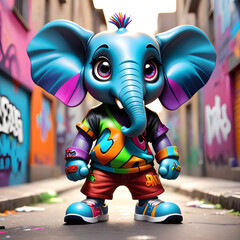 Illustration of a funny elephant cgi graffiti character with graffiti in the background, colorful